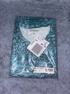 Catherines Teal Paisley V-Neck Short Sleeve Shirt